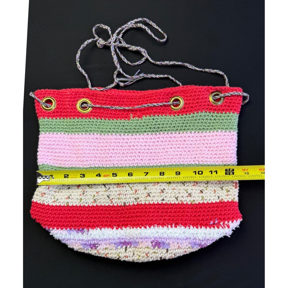 Handcrafted Crochet Bucket Bag Pink Green Striped Boho Drawstring Purse Whimsy - Picture 7 of 12
